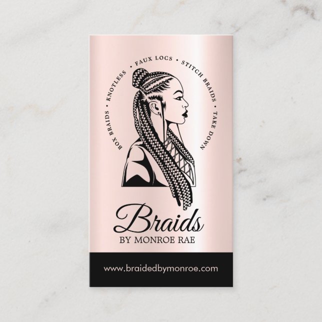 Hair Stylist or Hair Braider Braid Salon Rose Gold Business Card (Front)