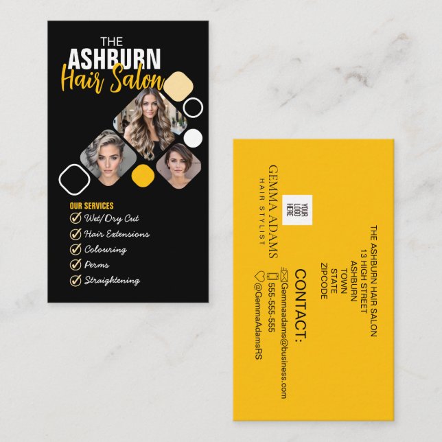 Hair Stylist Photo Custom Design in Black yellow Business Card (Front/Back)