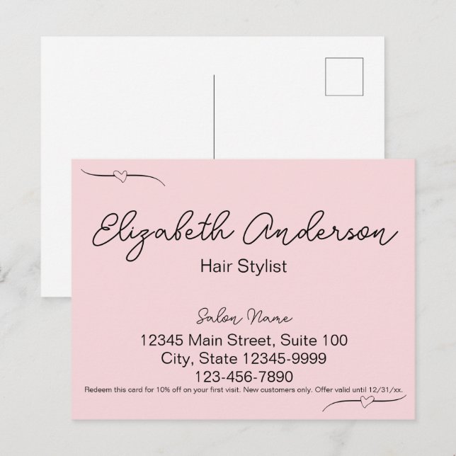 Hair Stylist Pink & Black Name Handwritten Script Postcard (Front/Back)