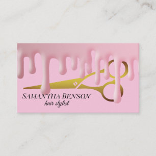 Hair Stylist Pink Dripping Golden Scissor Salon Business Card