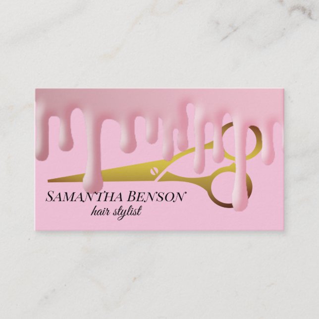 Hair Stylist Pink Dripping Golden Scissor Salon Business Card (Front)