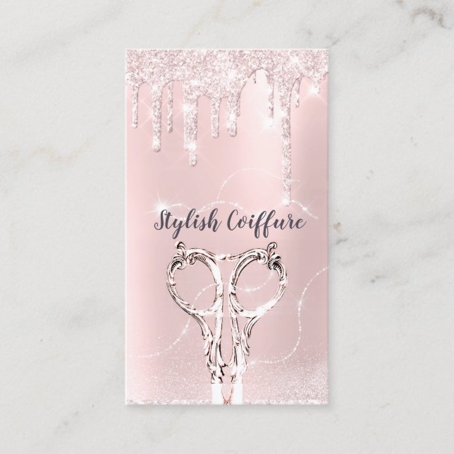 Hair Stylist Pinky Drips Glitter Coiffure Scissors Business Card (Front)
