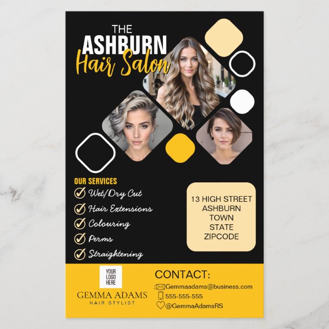 Hair Stylist Poster Custom Design in Black yellow Flyer (Front)