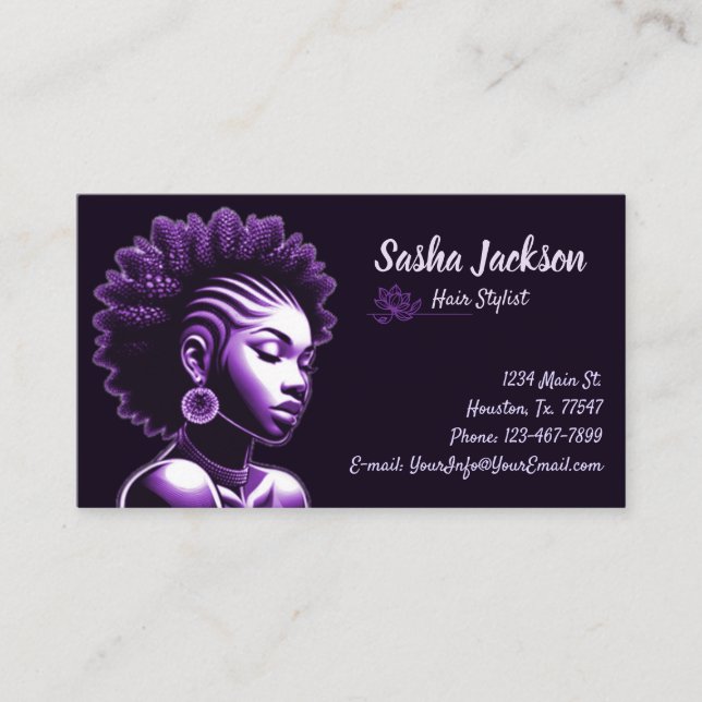 Hair Stylist Purple Business Card (Front)