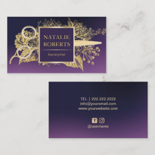 Hair Stylist Purple & Gold Floral Beauty Salon Business Card