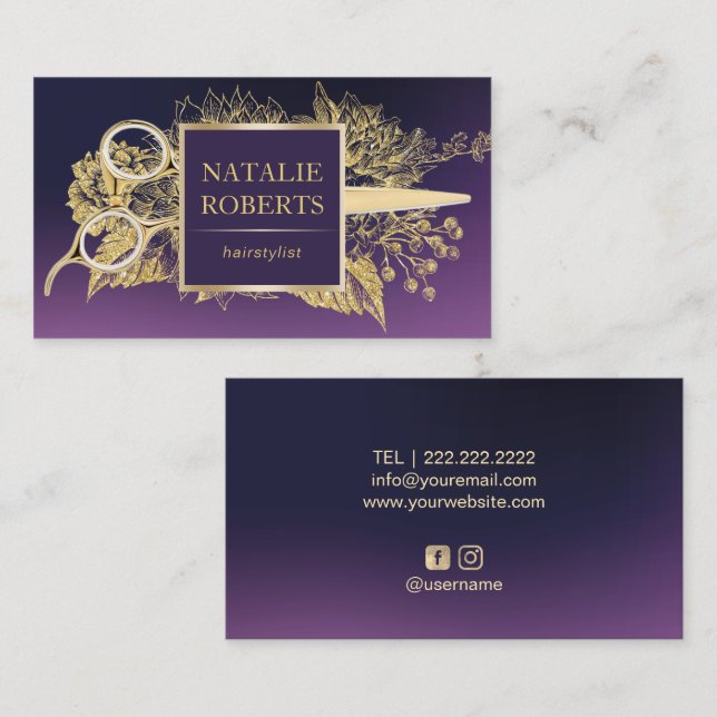 Hair Stylist Purple & Gold Floral Beauty Salon Business Card (Front/Back)