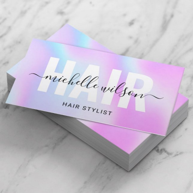 Hair Stylist Purple Holographic Typography Salon Business Card (Creator Uploaded)