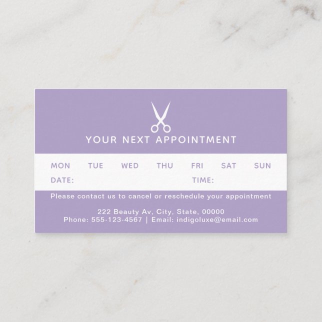 Hair Stylist Purple Scissors Appointment Card (Back)