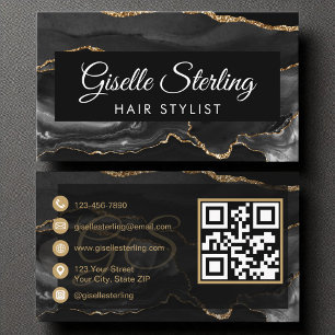 Hair Stylist QR Code Black Gold Agate Luxury  Business Card