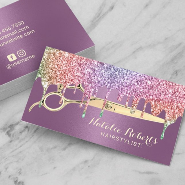 Hair Stylist Rainbow Drips Beauty Salon Purple Business Card (Creator Uploaded)