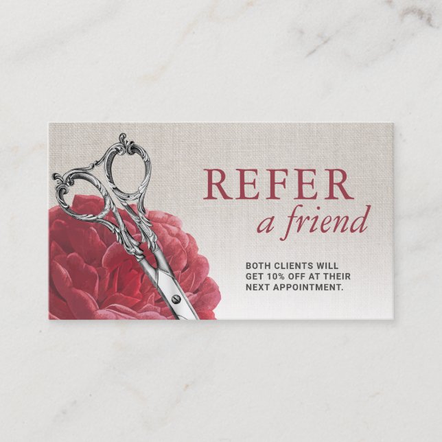 Hair Stylist Red Flower Scissor Salon Referral Card (Front)