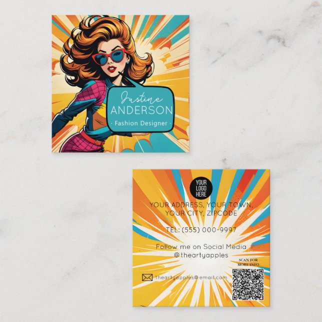 hair stylist Retro Pop Art Lady woman Wow Square Business Card (Front/Back)