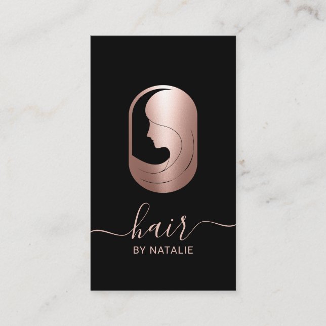 Hair Stylist Rose Gold Beauty Logo Typography Business Card (Front)