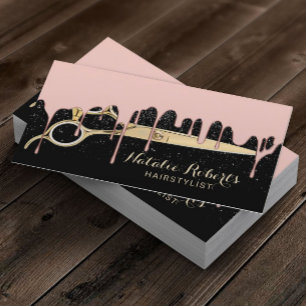 Hair Stylist Rose Gold Dripping Black Glitter Business Card