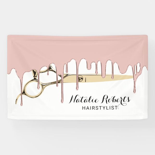 Hair Stylist Rose Gold Dripping Gold Scissor Salon Banner (Horizontal)