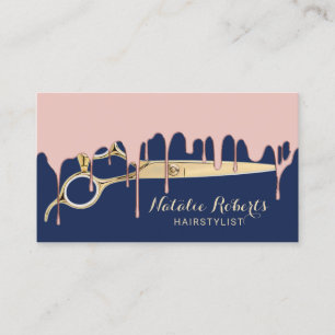 Hair Stylist Rose Gold Dripping Navy Blue Salon Business Card