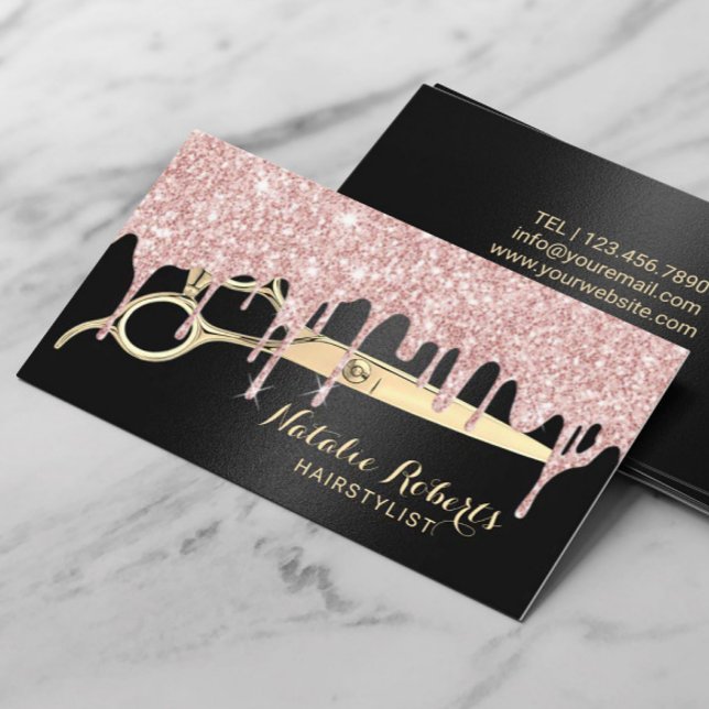Hair Stylist Rose Gold Drips Black Beauty Salon Business Card (Creator Uploaded)