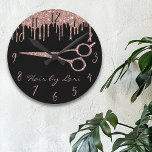 Hair Stylist Rose Gold Drips Glitter Scissors Roun Round Clock<br><div class="desc">This design may be personalised in the area provided by changing the photo and/or text. Or it can be customised by clicking Personalise this Template and then choosing the click to customise further option and delete or change the colour of the background, add text, change the text colour or style,...</div>