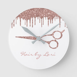Hair Stylist Rose Gold Drips Glitter Scissors Round Clock