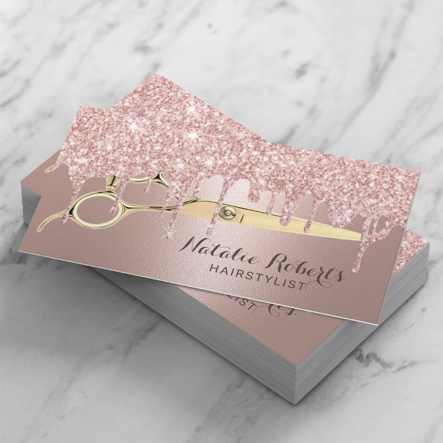 Hair Stylist Rose Gold Glitter Drips Beauty Salon Business Card (Creator Uploaded)