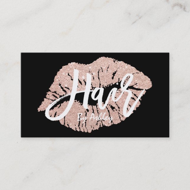 Hair stylist rose gold glitter lips typography business card (Front)