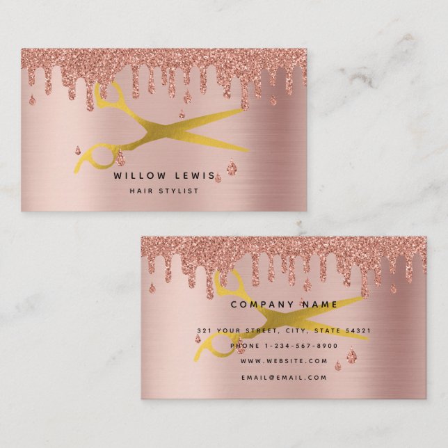 Hair Stylist Rose Gold Glitter Modern Minimalist  Business Card (Front/Back)