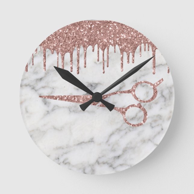 Hair Stylist Rose Gold Glitter Scissors Marble Round Clock (Front)
