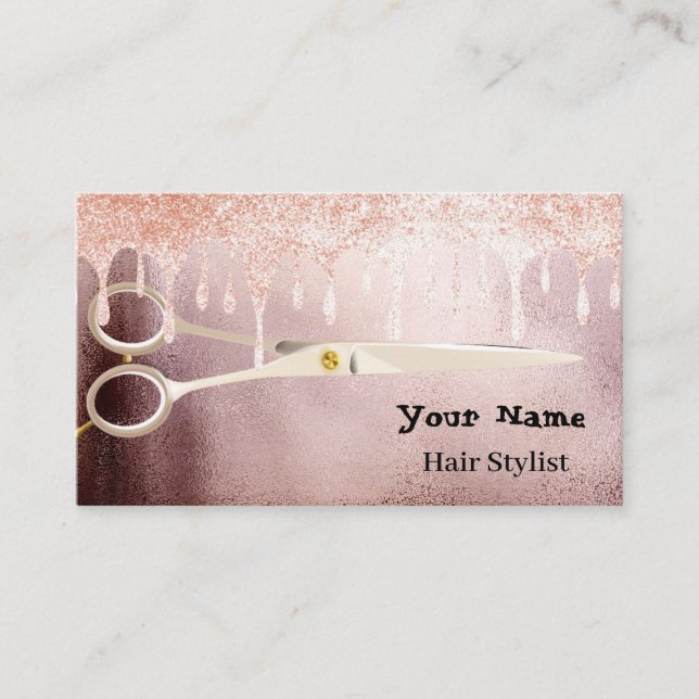 Hair Stylist Rose Gold Glitter Silver Drips Beauty Business Card (Front)