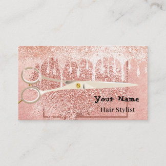 Hair Stylist Rose Gold Glitter Silver Drips Beauty Business Card