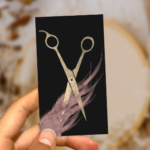 Hair Stylist Rose Gold Hair & Scissor Modern Black Business Card
