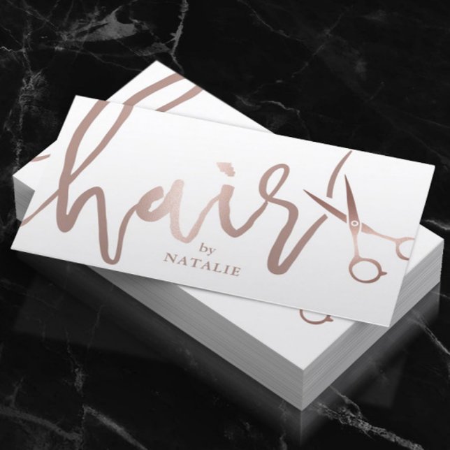 Hair Stylist Rose Gold Handwritten Script Salon Business Card (Creator Uploaded)