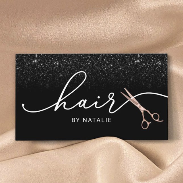 Hair Stylist Rose Gold Scissor Black Glitter Salon Business Card (Creator Uploaded)