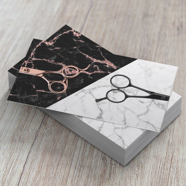 Hair Stylist Rose Gold Scissor Black White Marble Business Card (Creator Uploaded)