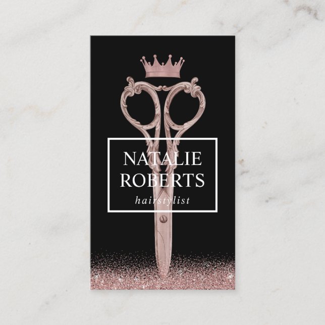 Hair Stylist Rose Gold Scissor & Crown Black Appointment Card (Front)