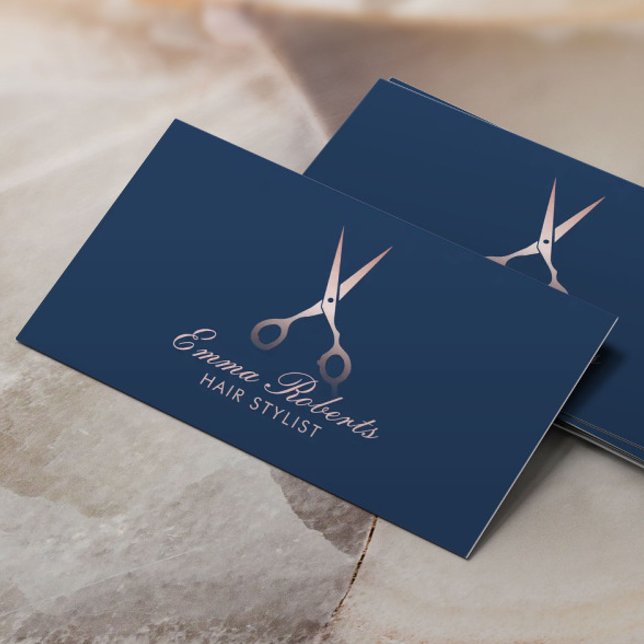 Hair Stylist Rose Gold Scissor Elegant Navy Blue Business Card (Creator Uploaded)