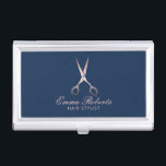 Hair Stylist Rose Gold Scissor Elegant Navy Blue Business Card Holder<br><div class="desc">Hair Stylist Rose Gold Scissor Elegant Navy Blue Beauty Salon Business Card Holder.</div>
