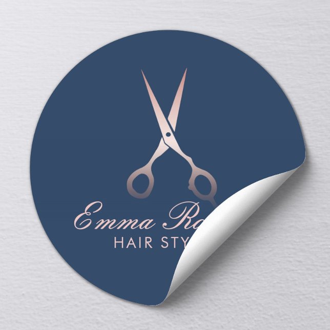 Hair Stylist Rose Gold Scissor Elegant Navy Blue Classic Round Sticker (Creator Uploaded)