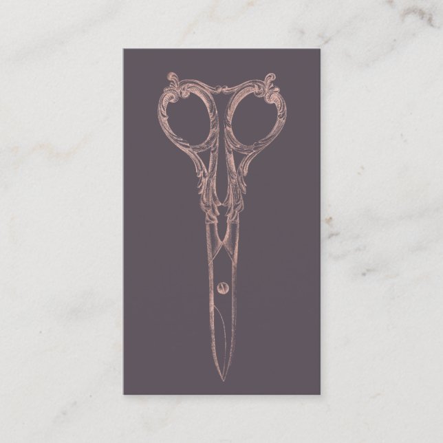 Hair Stylist Rose Gold Scissor & Floral Purple Business Card (Front)