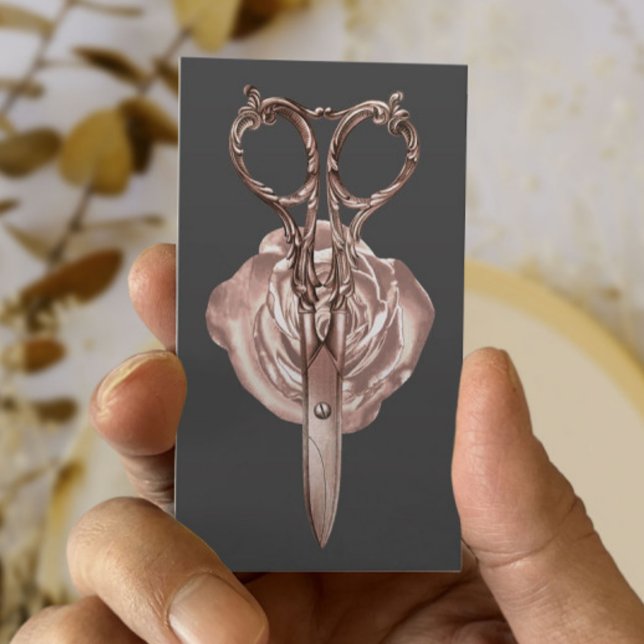 Hair Stylist Rose Gold Scissor & Flower Salon Business Card (Creator Uploaded)