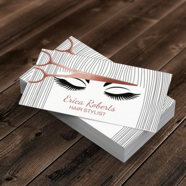 Hair Stylist Rose Gold Scissor & Girl Hair Salon Business Card (Creator Uploaded)