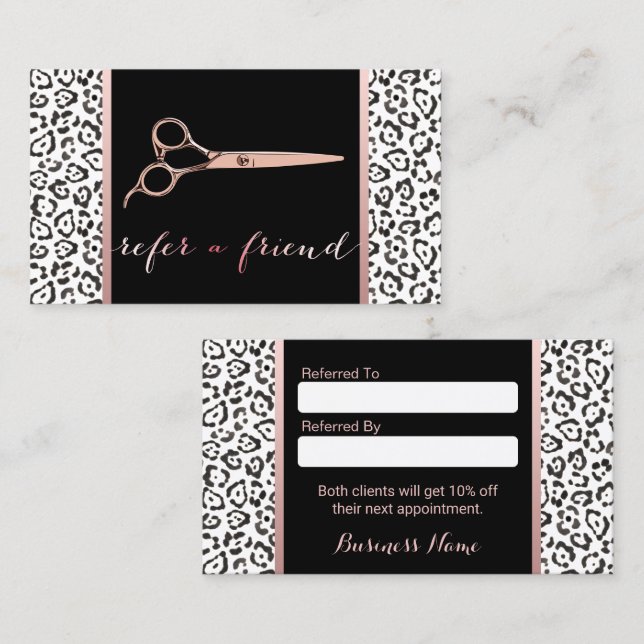 Hair Stylist Rose Gold Scissor Leopard Referral Card (Front/Back)