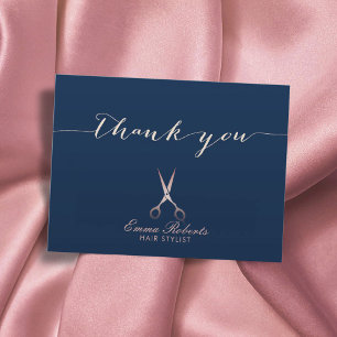 Hair Stylist Rose Gold Scissor Navy Blue Thank You Postcard