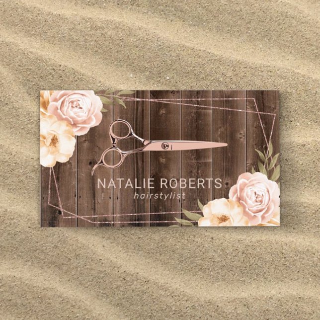 Hair Stylist Rose Gold Scissor Rustic Floral Business Card (Creator Uploaded)