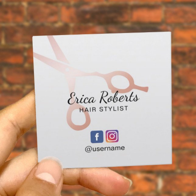 Hair Stylist Rose Gold Scissor Salon Social Media Square Business Card (Creator Uploaded)