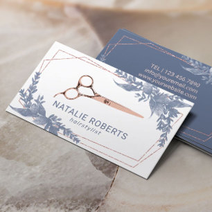 Hair Stylist Rose Gold Scissor Vintage Blue Leaves Business Card