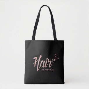 Hair Stylist Rose Gold Script Hair Salon Black Tote Bag