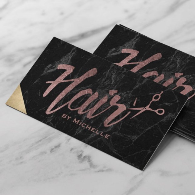 Hair Stylist Rose Gold Script Modern Marble Salon Business Card (Creator Uploaded)