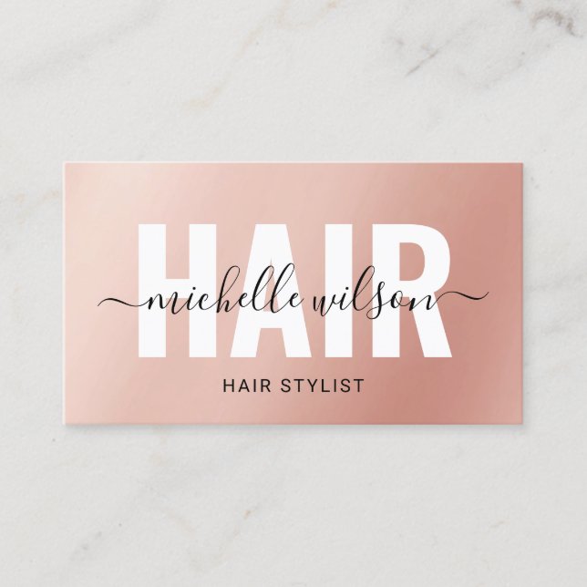 Hair Stylist Rose Gold Script Typography Salon Business Card (Front)