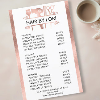 Hair Stylist Rose Gold Services Price list