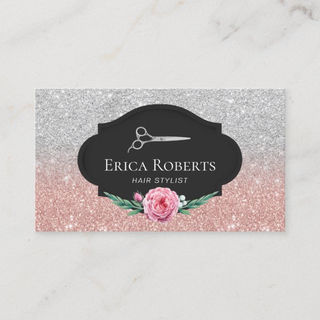 Hair Stylist Rose Gold & Silver Glitter Hair Slon Business Card (Front)